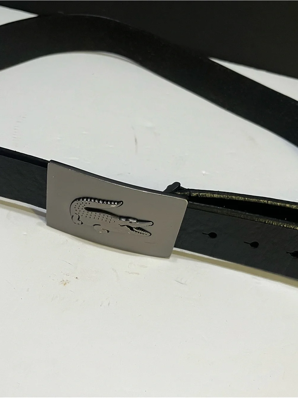 Lacoste Black Leather Belt with Silver Croc Plaque Buckle